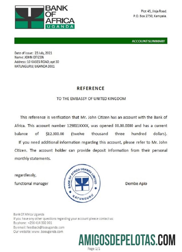 Referência do Banco da África de Uganda exemplo real